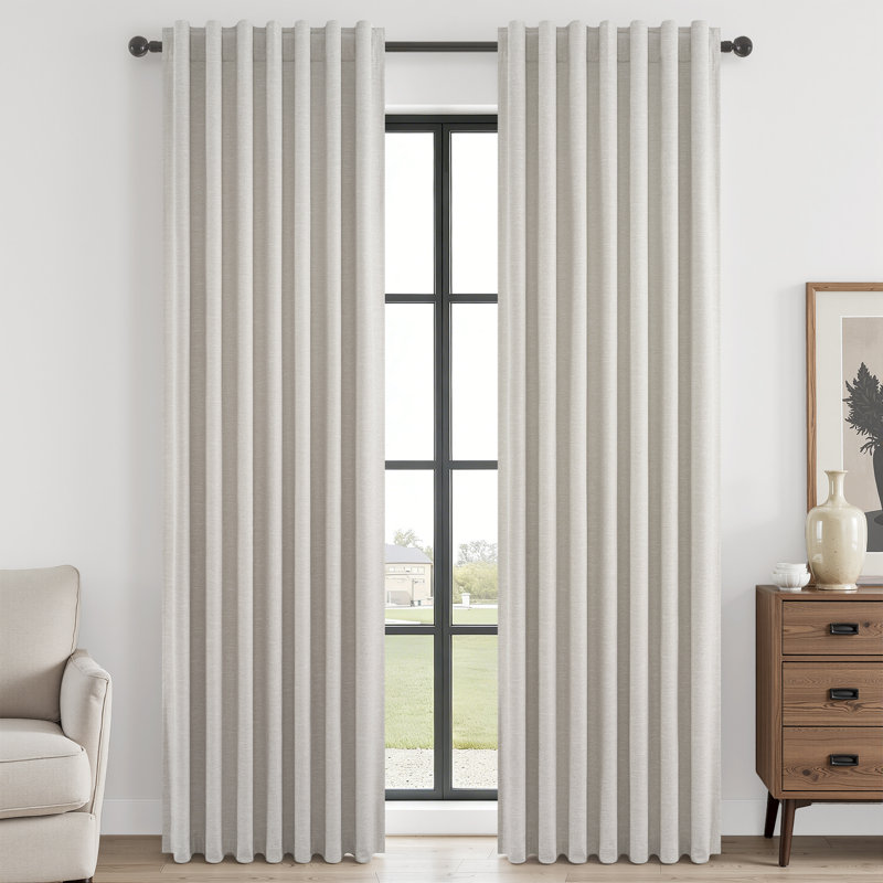 Linen Blackout Curtains, Pinch Pleat Back Tab Full Blackout Drapes Farmhouse Boho Curtains for Window,(Set of 2,With Hooks and Rings)
