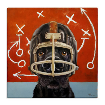 Black Dog Wearing Football Helmet Sports Plays By Lucia Heffernan