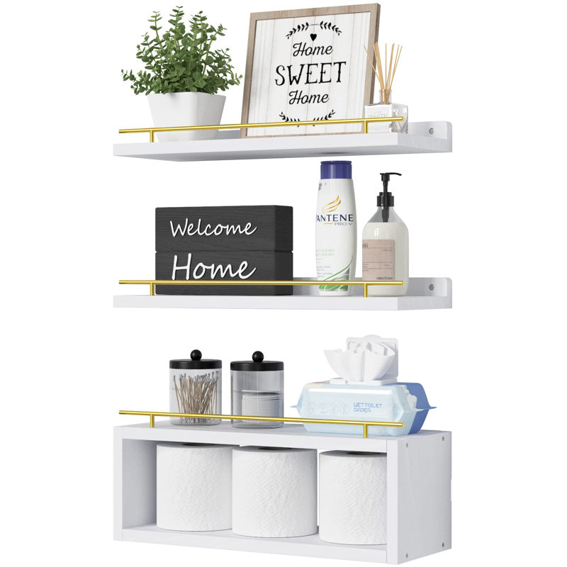 Floating Shelves For Wall With Cube Shelf, Wall Shelves With Metal Rail For Decor, Bathroom Organizers And Storage, Over Toilet Shelves For Bathroom, White&Gold