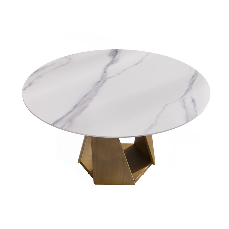 Table de salle à manger en marbre 59,05 "avec base en fer et métal bronze, marbre artificiel pour 6 à 8 personnes, table de salle à manger / cuisine de salle à manger, blanc (table de salle à manger seulement)
