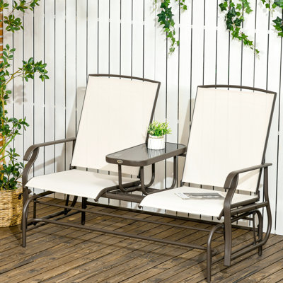 Porch Glider Bench With Middle Table - Beige Strong Mesh Fabric. Steel Frame For Backyard Garden. Double Gliding Enjoyment Time. 726 Lbs. Combined Weight Capacity. 58.52"W X 31.04"D 40"H Patio And