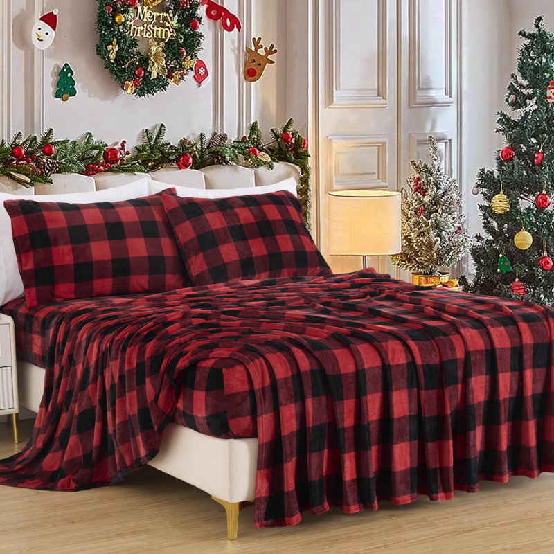Soft Fleece Sheet Set, King Sheet Set with 2 Pillowcases, Red Plaid