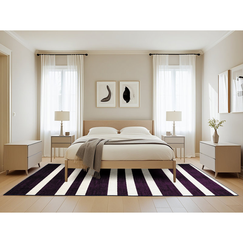 Tapis mauve à rayures horizontales lavable à la machine, Rectangle 5 pi x 8 pi