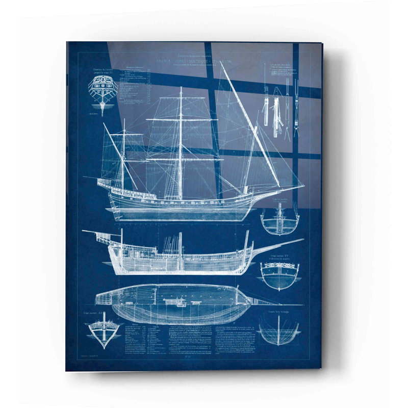 «Antique Ship Blueprint I» par Vision Studio, art mural en verre acrylique, H 16 po x l 12 po x P 0,12 po
