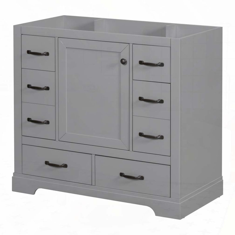 Meuble-lavabo de salle de bain sans lavabo, base d'armoire seulement avec 6 tiroirs, Gris, Noir