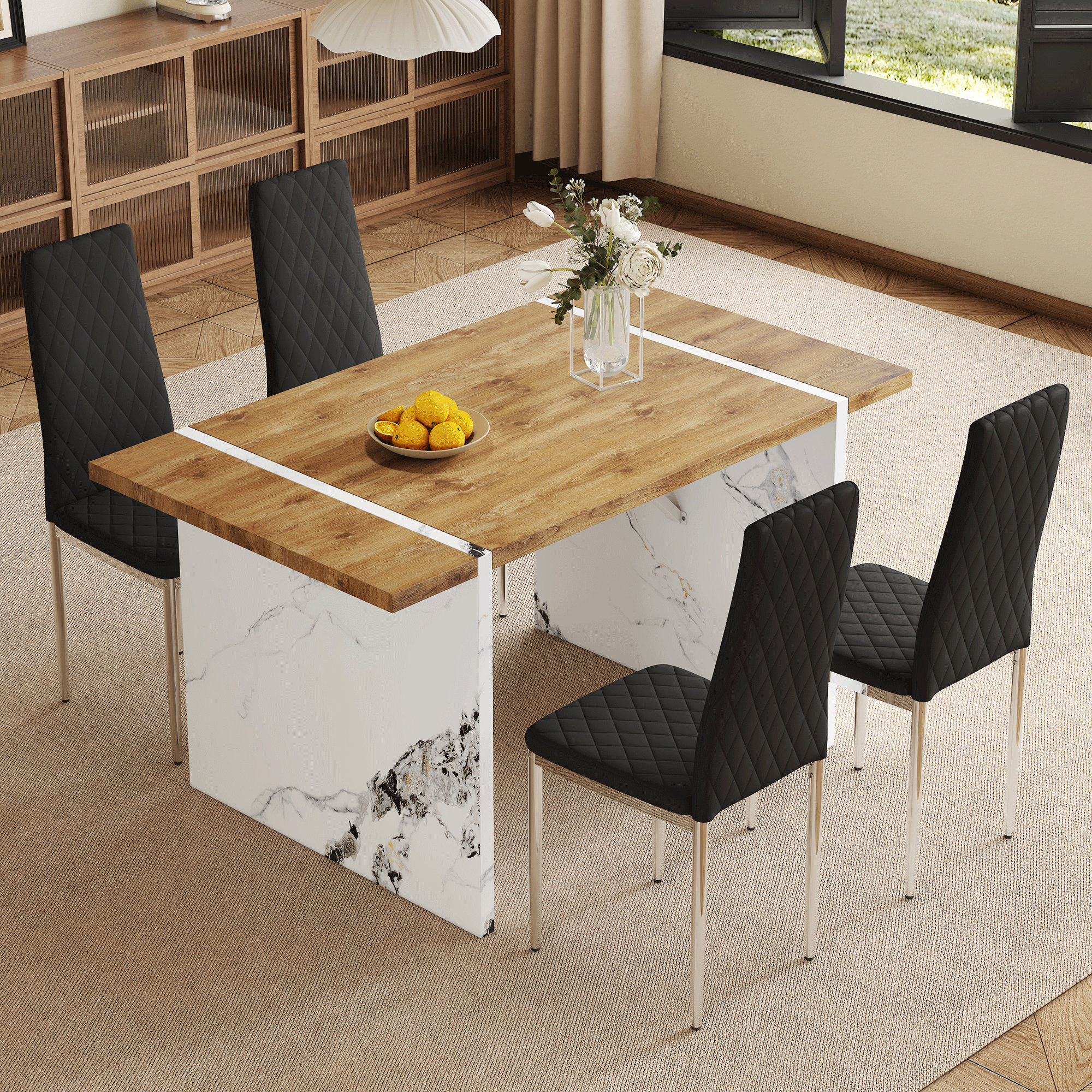 Ivy Bronx "x31.5" natural wood grain mdf dining table set with 4 black ...
