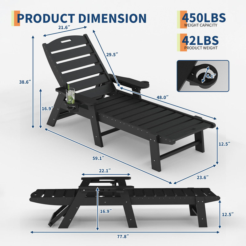 Outdoor HDPE Chaise Lounge, Oversize HDPE 5-Position Pool Lounge Chairs, Pool Lounges Chairs, Black