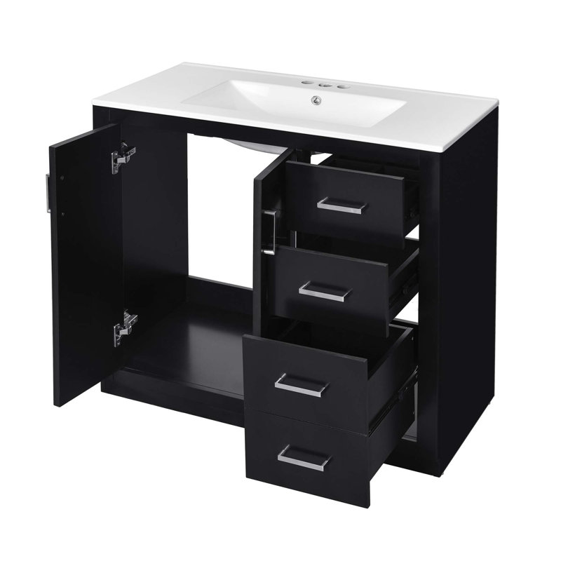 Ensemble de meuble-lavabo 36 po avec lavabo en céramique, armoire de rangement en bois massif, ensemble de meuble-lavabo autoportant avec 3 tiroirs et portes à fermeture douce