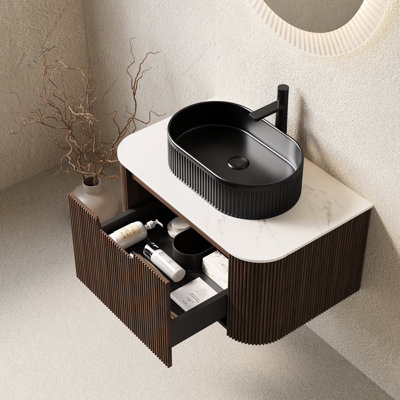 30" Bathroom Vanity, With Black Ceramic Sink, Dark Walnut Storage, 3D Striped Design, Drawer Silent Soft Close, Countertop, Easy Setup Oval Fast