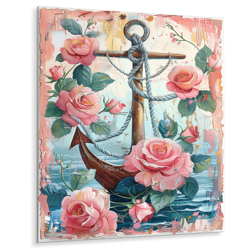 Ancre de pirate rose et vert avec roses roses II - décoration murale bord de mer, Métal métal, H 12 po x l 20 po x P 1 po