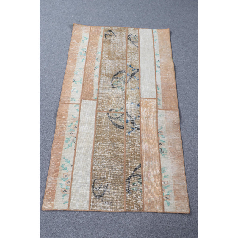 Handmade Turkish Patchwork Wool Rug Ideal For Bathrooms And Small Spaces In Vibrant Orange And Multicolored Patterns