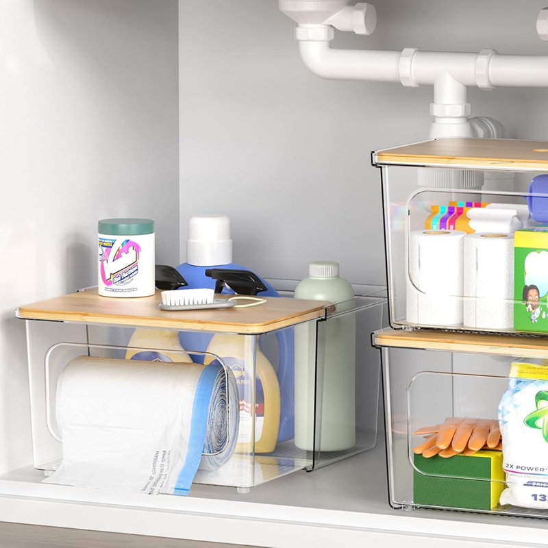 Porte-sac poubelle - Organisateur sous l'évier 2-en-1 avec boîte en acrylique transparent et couvercle en bambou, peut contenir de grands rouleaux jusqu'à 100 unités pour la cuisine, le garde-manger et la salle de lavage
