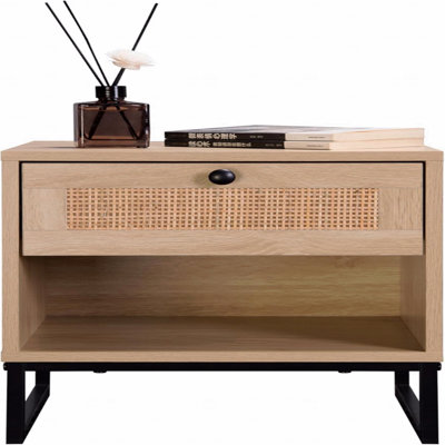 Modern Side Table With Drawer Natural Wooden Top With Metal Legs