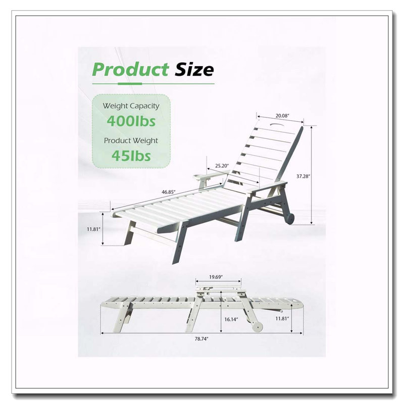 Chaise longue de patio en PEHD avec inclinaison à 5 positions, porte-gobelet intégré et capacité de 400 lb, Blanc