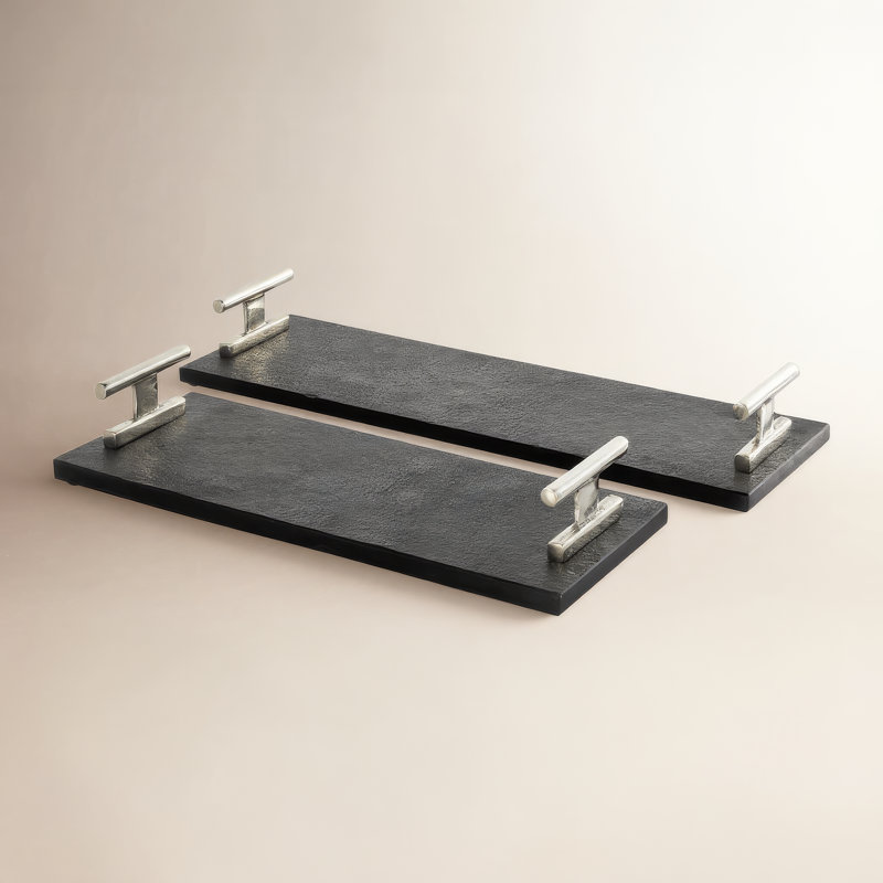 Aedic Mable Tray - Set of 2, 3.25"Hx6.9"Wx22.25"D & 3.3"Hx 7.1"Wx 18.35"D, Silver/Black