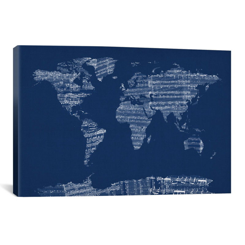 « world map sheet music » par michael tompsett, impression sur toile bleue, H 12 po x l 18 po x P 1,5 po, Toile tendue