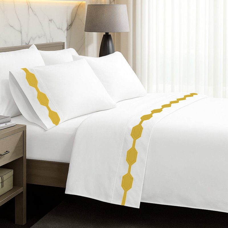 Hexagonal Applique Border Cotton Sheet Set, Gold Border, Full XL Sheet Set