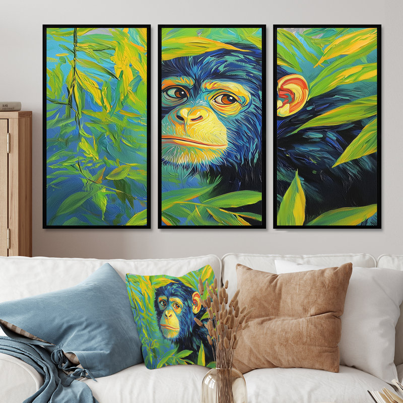 Ensemble de salon Playkey Monkey Primer In The Jungle II - Monkey Wall Art, 28" H x 36" W, Reproduction avec cadre flottant