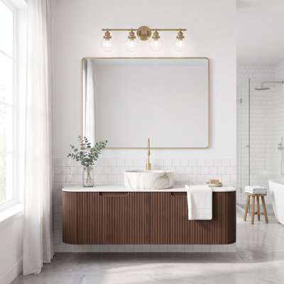Meuble-lavabo mural de 48 po en contreplaqué, noyer foncé, conception rayée à bord arrondi avec tiroir de rangement imperméable et résistant à l'humidité, pré-assemblé
