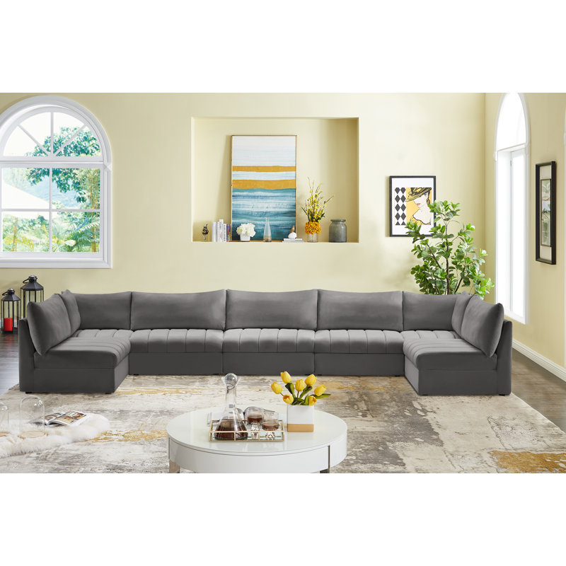 Ensoll 177" Wide Velvet Reversible Modular Corner Sectional, Grey Velvet