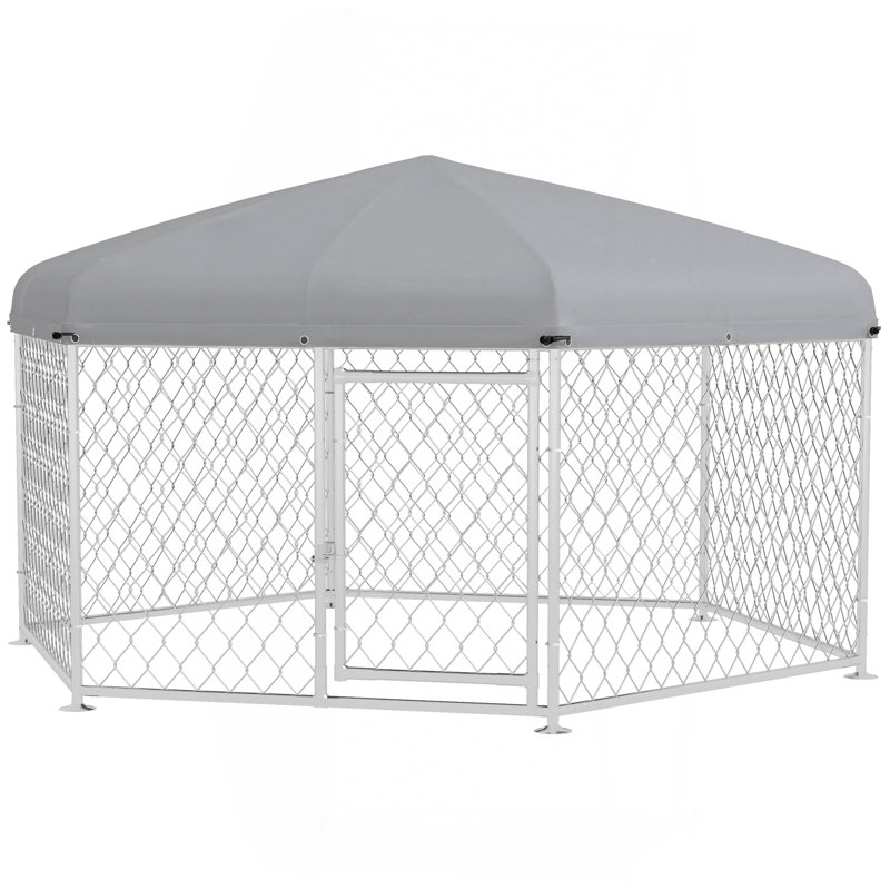 Piste pour chien 6,9 'x 6,1' x 4,9 'avec toit imperméable et résistant aux rayons UV, porte verrouillable, pour chiens de taille moyenne et grande, argent