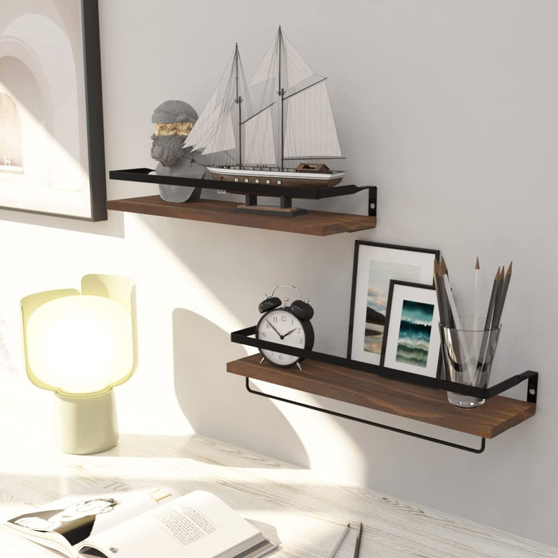 2 Piece Floating Shelf with Towel Bar, Rustic Brown