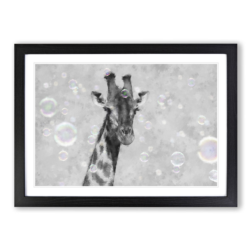 Giraffe Through The Bubbles - Single Picture Frame Painting on MDF, Black Framed, 45cm H x 63cm W x 2cm D