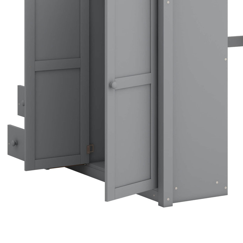 Wood Full Size Loft Bed With 2-Tier Storage Shelves,3 Drawers,Built-In Wardrobe And Desk, Gray