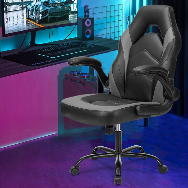 Computer Gaming Desk Chair - Ergonomic PU Leather with Comfy Lumbar Support, Height Adjustable Rolling Desk with Flip-up Armrests, for Home and Office