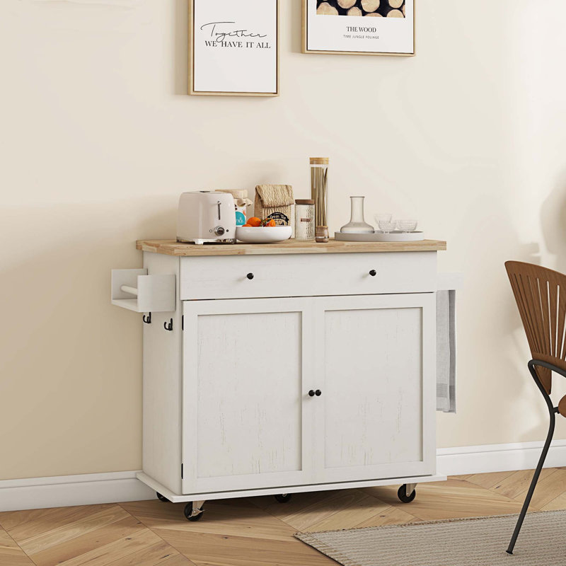 Îlot de cuisine avec rangement, chariot à îlot de cuisine roulant sur roulettes avec tiroir, 2 armoires, plateau en bois d'hévéa, porte-épices, porte-serviettes et 2 crochets, blanc vieilli