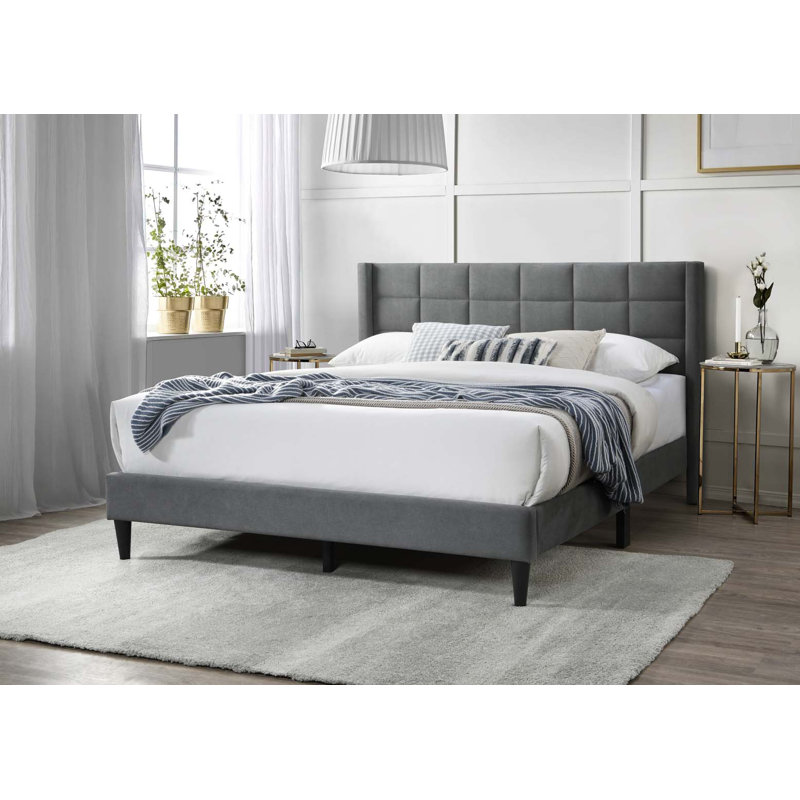 Linen Bed with Tufted Headboard, Gray, Queen