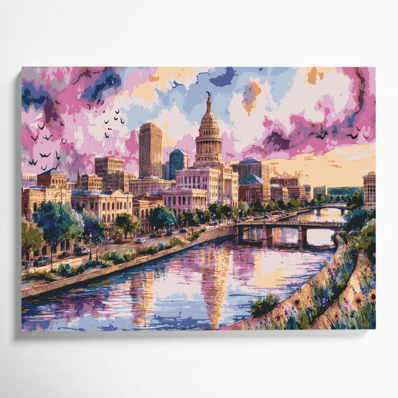 Art mural sur toile beige avec cités de villes Austin, H 16 po x l 20 po
