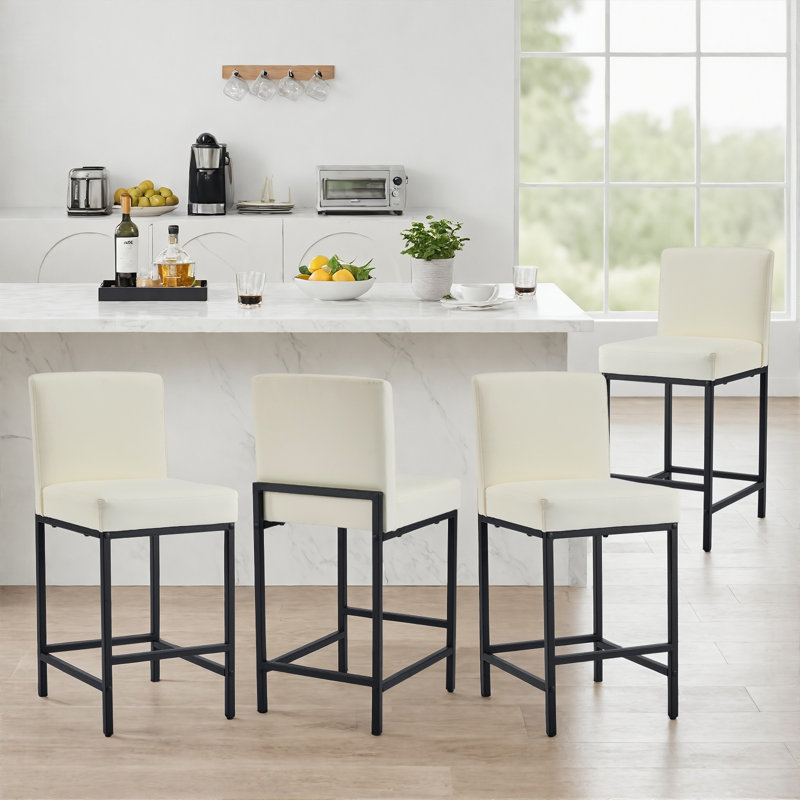 Bar Stools Set Of 4, 24'' Tall Barstools, Counter Height Bar Stools With Back Support, Faux Leather, Metal Legs, Upholstered Seat Cushion Modern Barstool, Use For Kitchen Island Home Bar, Beige