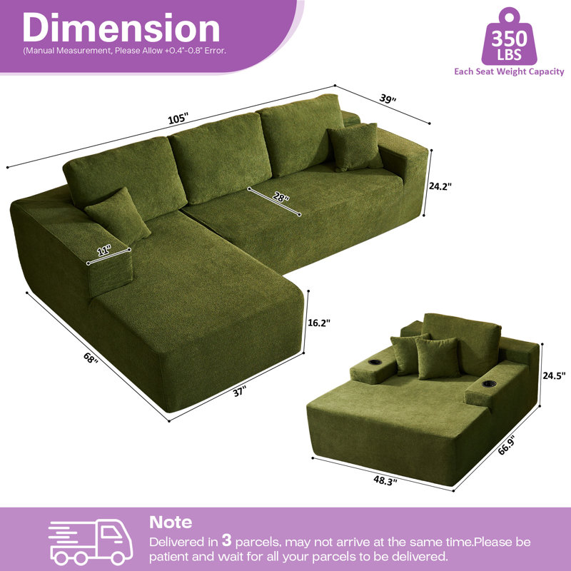Cozza Sectional Sleeper Sofa, Convertible Couch For Living Room, Left Hand Facing, Green