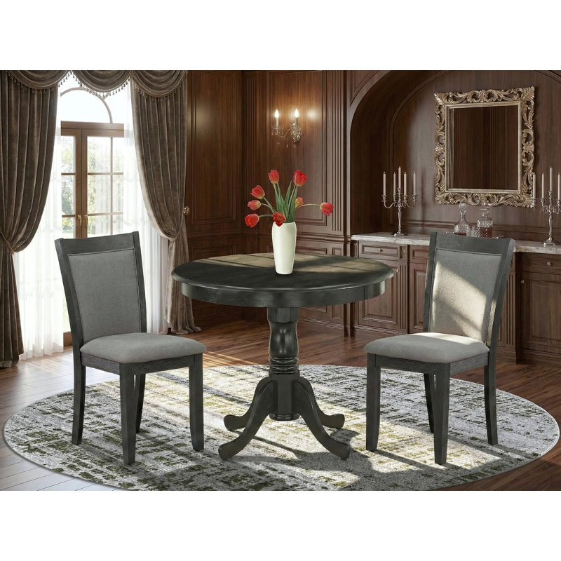 Ensemble de salle à manger 3 pièces comprenant une table de salle à manger en bois et 2 chaises de salle à manger revêtues de tissu de lin gris foncé Gotham - finition noire brossée