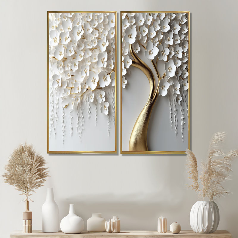 Orchidée blanche jardin de branches IV - ensemble de 2 reproductions d'art sur toile florales (sans texture), Doré