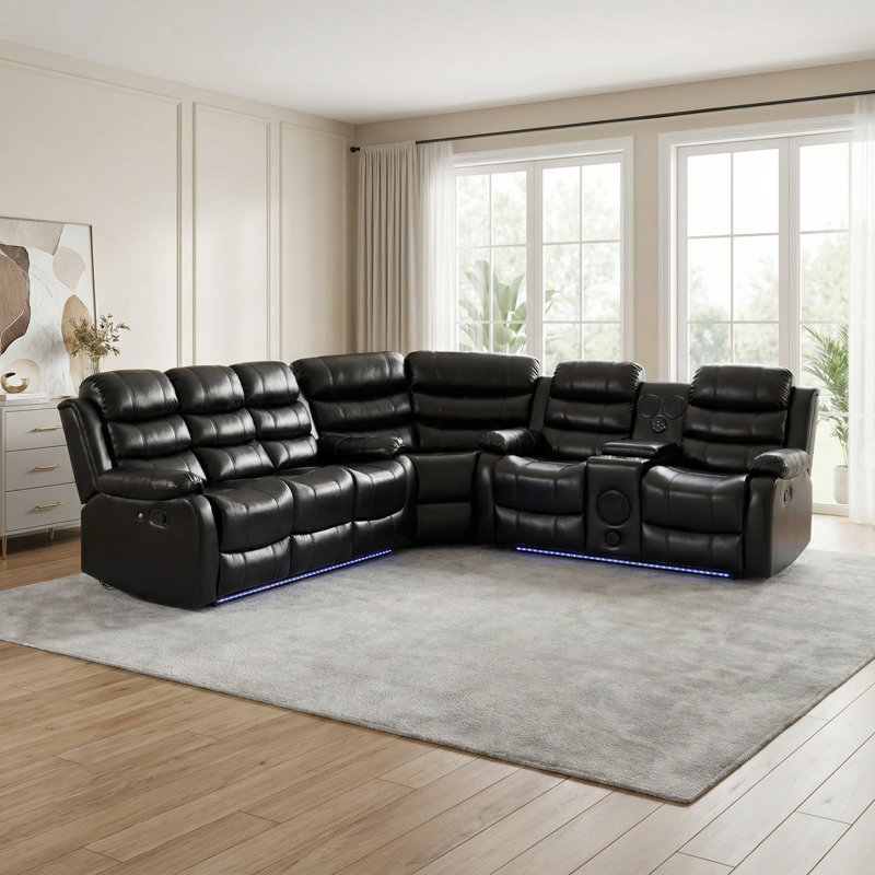 Canapé modulaire 3 pièces inclinable manuel avec lumières DEL, console Bluetooth et table rabattable, Noir