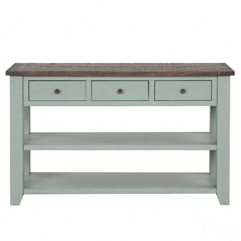 48" Solid Pine Wood Top Console Table, Modern Entryway Sofa Side Table With 3-Storage Drawer And 2 Shelves, Teal