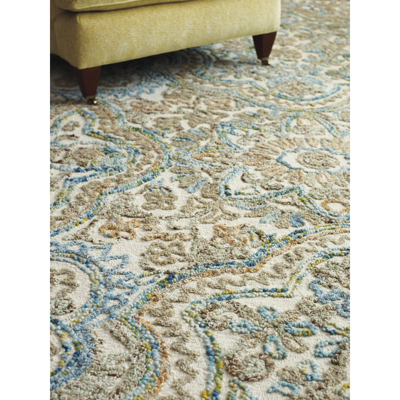 Agra Damask Handmade Tufted Wool Beige/Blue Area Rug, Runner 2'6" x 8'