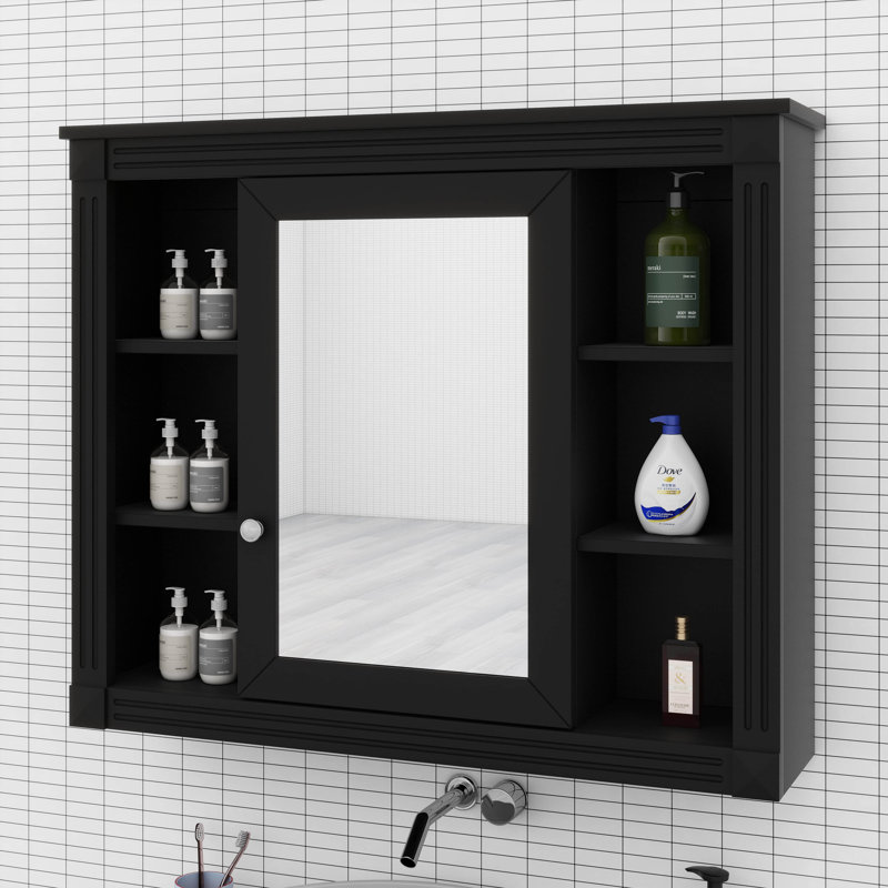 Armoire de rangement murale moderne avec portes miroir et 6 tablettes ouvertes Modern, Noir