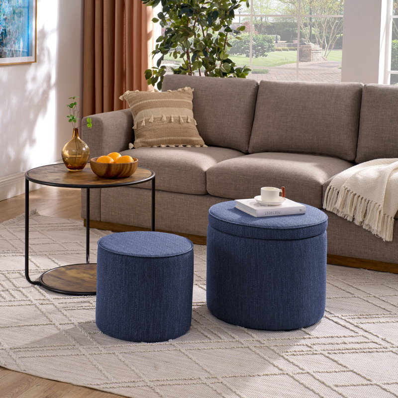 Multi-Functional Ottoman Table Set with Drum Stool and Storage Space, Dark Blue
