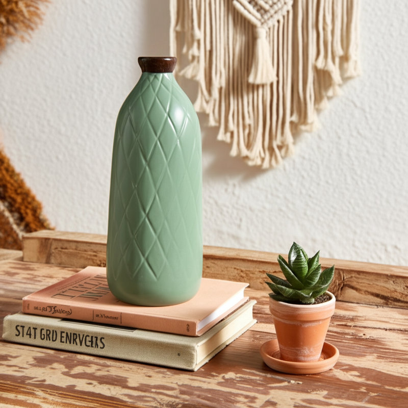 Decorative Textured Ceramic Table Vase for Home Decor Accent - Plaid Pattern Flower Vase for Shelf and Living Room Decor