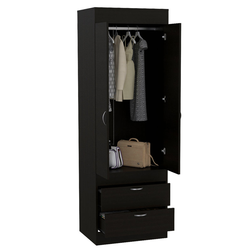 Armoire, avec tringle, double porte, deux tiroirs, poignées en métal, pour chambre à coucher