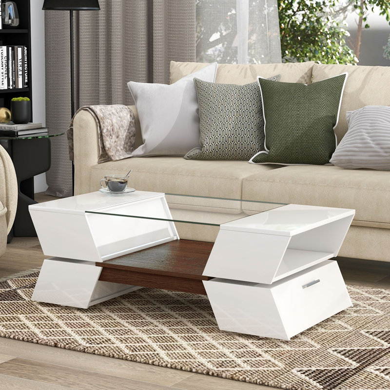  Table basse à plateau en verre avec tablettes ouvertes et armoires, table centrale moderne à 2 niveaux avec rangement pour le salon, blanc