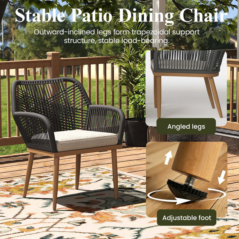 Patio Dining Armchair with Cushion, Beige, 6, Brown Wood