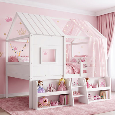 CPC Certified Full‑Size Playhouse Loft Bed with Storage Shelves & Stairs, House‑Shaped Roof and Window, Kid‑Friendly Loft Bed Frame, No Box Spring Required, White