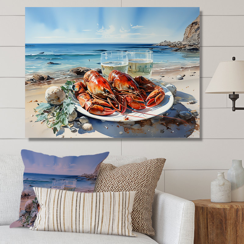 Assiette plate homard avec vue sur l'océan, H 34 po x l 44 po x P 1,5 po, Toile tendue