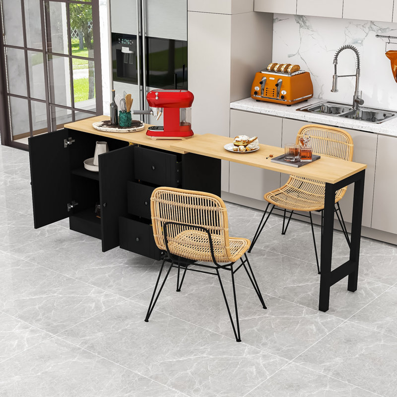 Wood Sideboard with Extendable Table, Multifunctional Storage Cabinet with 2 Doors and 3 Drawers, Black Natural