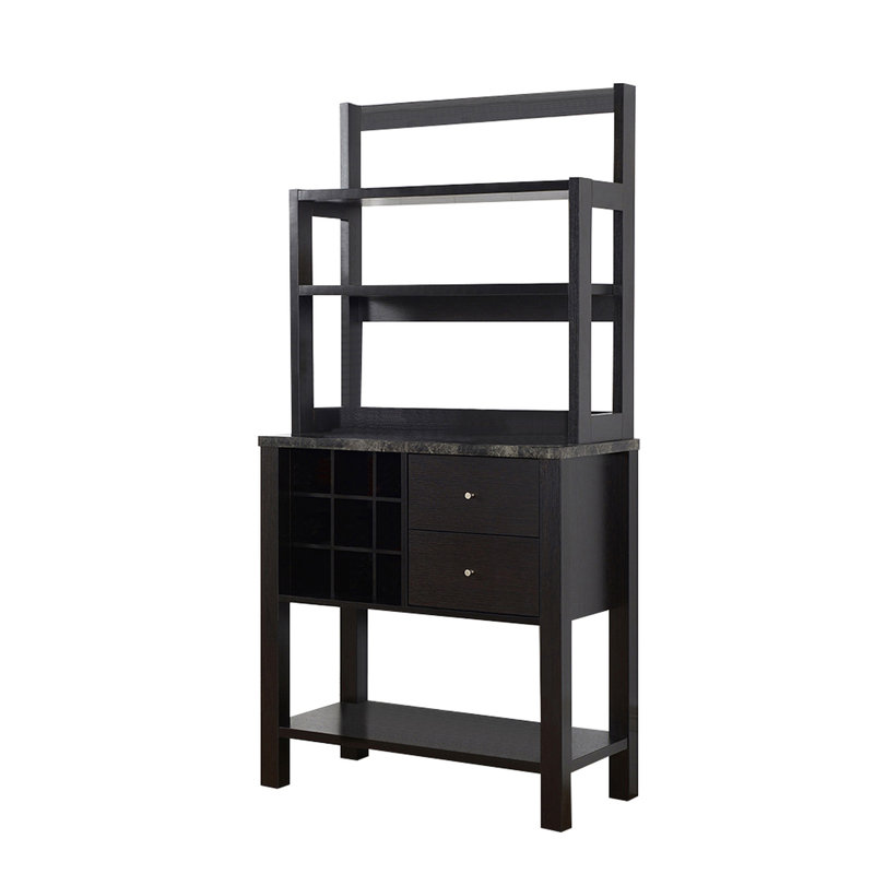 Red Marble/Wood Bakers Cabinet Featuring Three Shelves, Wine Compartment & Two Drawers - Aligned With Shelf Sections,