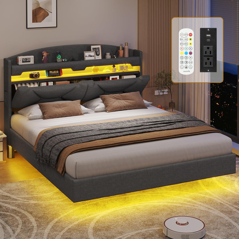 Floating Bed Frame With Power Outlet, Storage Headboard With Hidden Cubby, Rgb Floating Platform Bed With Led Lights, No Box Spring Needed, Quick Setup System, Dark Grey